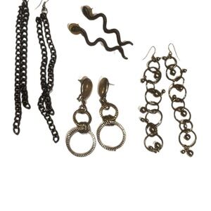 Lot of 4 Statement Dangle Black Silver Style Trendy Wavy Hoop Earrings OS